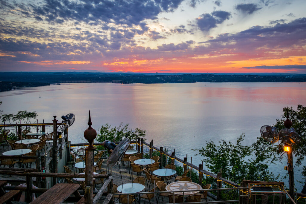 From the Oasis location overlooking lake travis at sunset Austin Texas 